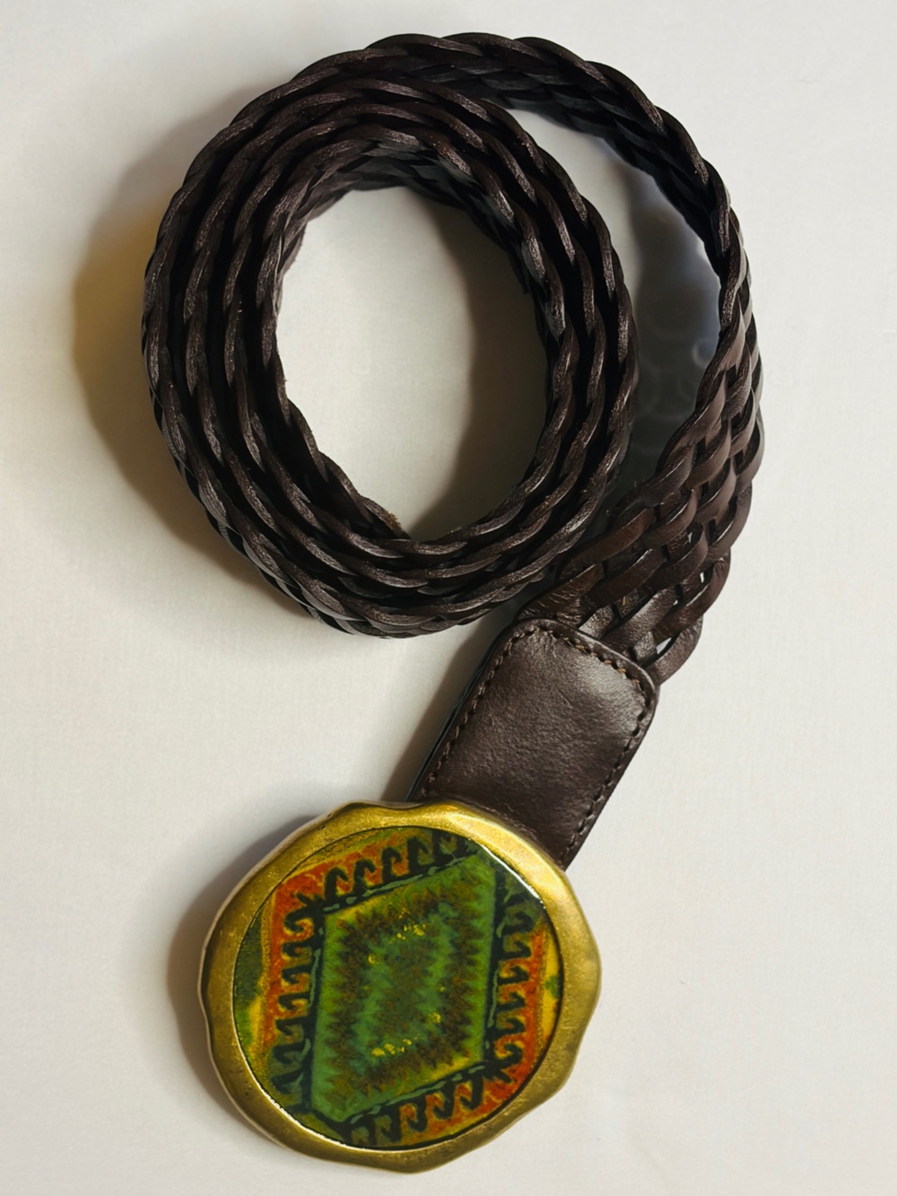 Vintage Chico's Braided Leather Statement Resin Belt Large Brown Boho Whimsigoth